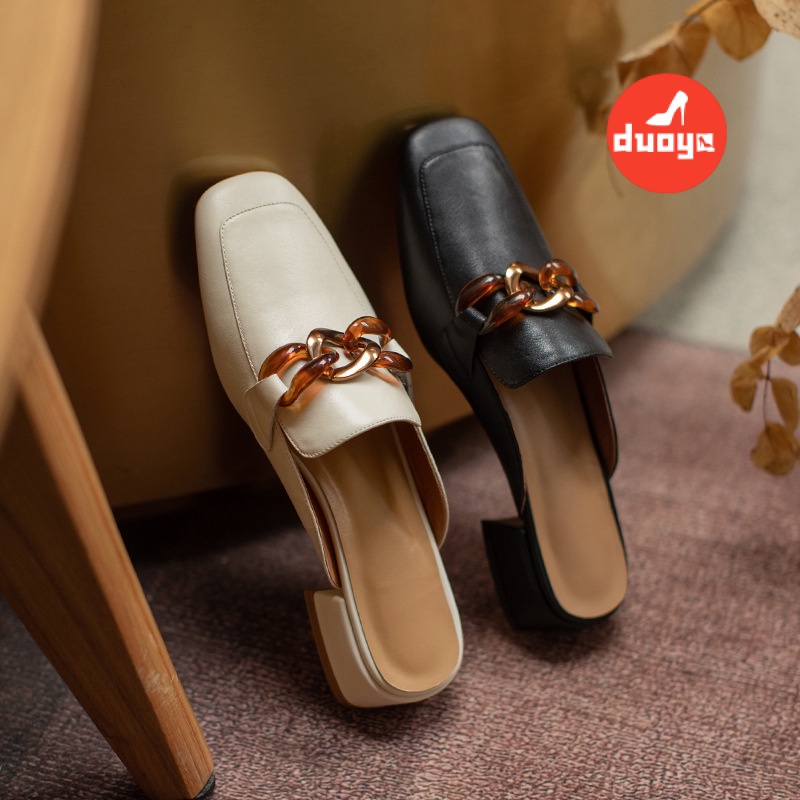 Duoya Tóc Thẳng ~ [Hàng Có Sẵn] Giày Sandal Gót Dày Vừa Mũi Vuông Có Khóa Kim Loại Thời Trang Mùa Hè Cho Nữ