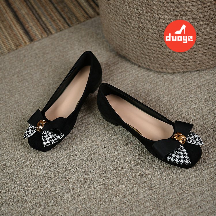 Duoya Giày Búp Bê Mũi Vuông Đế Bằng Mềm Mại Thoải Mái Thời Trang Xuân Thu Cho Nữ Dép Da Mềm Đế Bằng Đính Nơ Xinh Xắn Dễ Phối Đồ