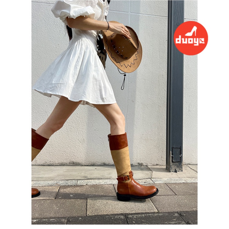 Duoya Tóc Thẳng ~ [Hàng Có Sẵn] Giày Bốt Cao Bồi Phương Tây Cổ Điển Có Khóa Kéo Phía Sau Cho Nữ OL Chất Lượng Cao