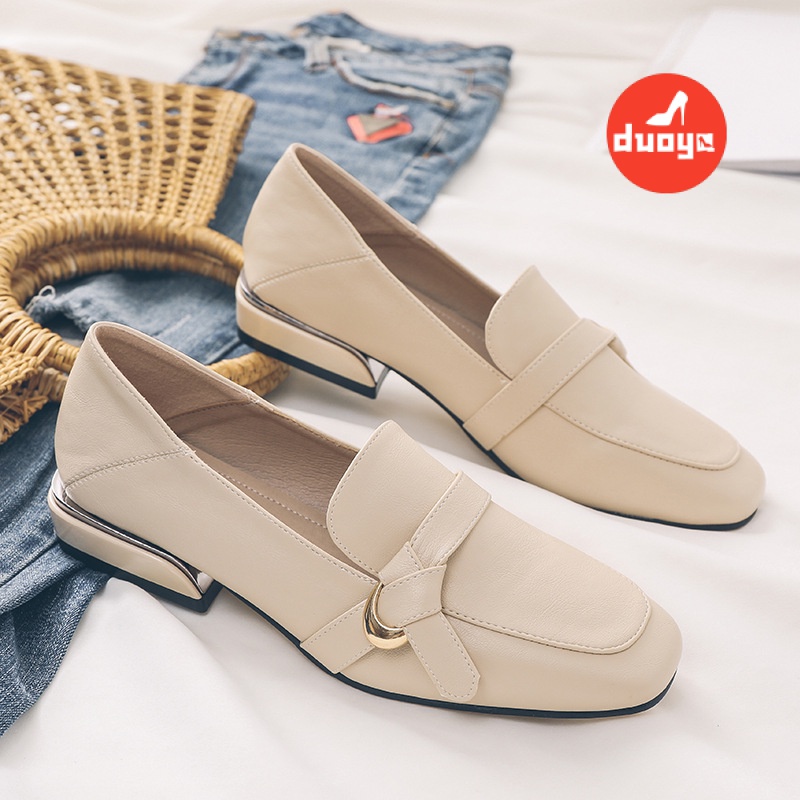 Duoya Giày Lười Da Mềm Gót Thấp Mũi Vuông Phong Cách Anh Quốc 2022 Cho Nữ
