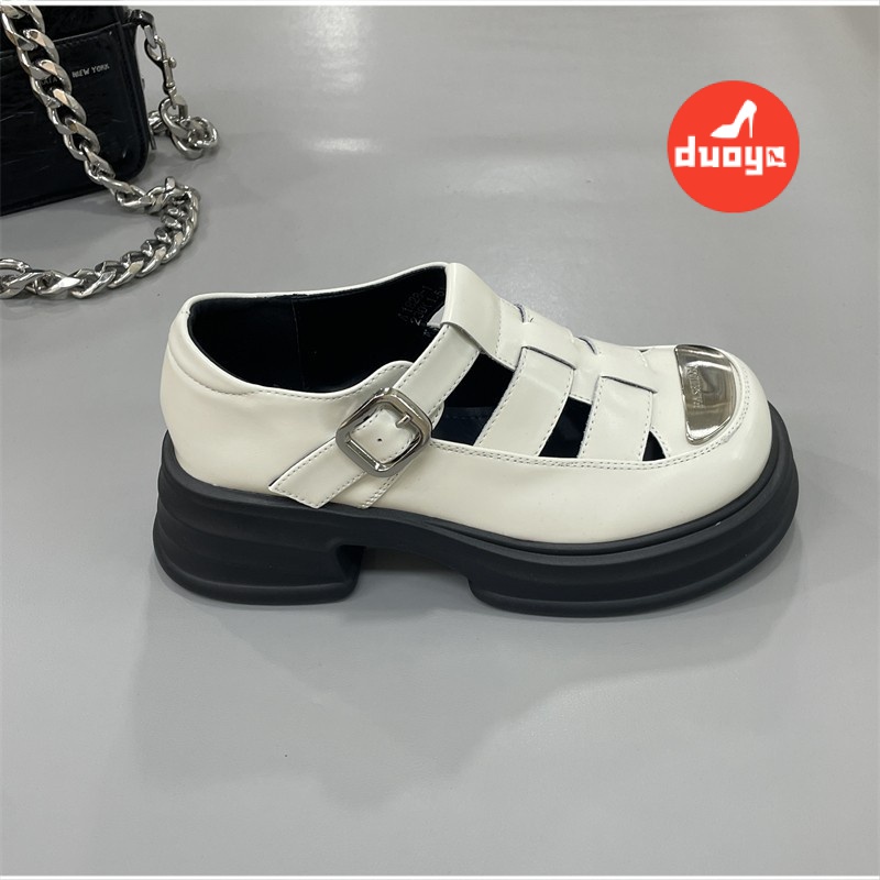 Duoya Tóc Thẳng ~ [Hàng Có Sẵn] Giày Sandal Đế Dày Bằng Da Thật Đế Kim Loại Rỗng Thoáng Khí Phong Cách La Mã Hợp Thời Trang Tăng Chiều Cao Miễn Phí Vận Chuyển