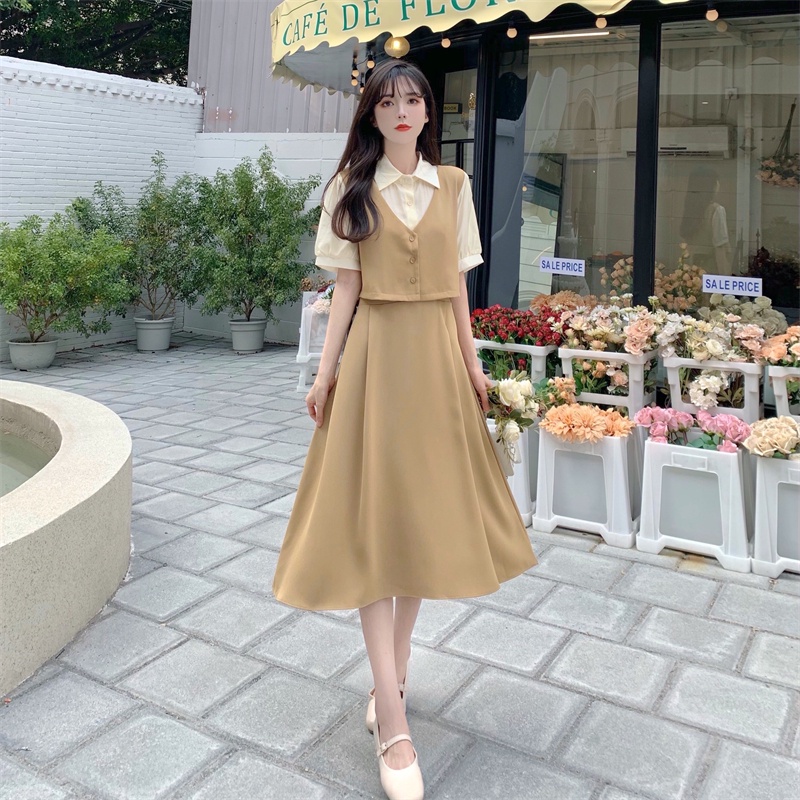 Đầm midi Cài Nút Tay Phồng Màu Đen / Xanh Lá Phong Cách Hàn Quốc Thời Trang Mùa Hè Xinh Xắn Cho Nữ