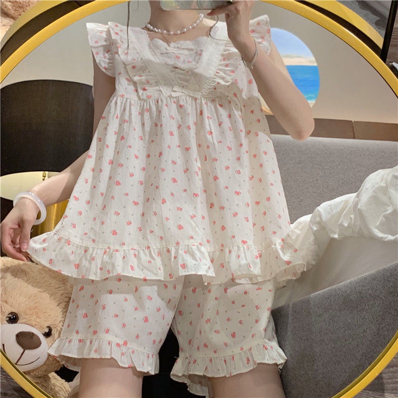 Bộ Đồ Ngủ Áo Không Tay Phối Bèo Lá Sen + Quần Short In Hoa Dễ Thương Thời Trang Mùa Hè Cho Nữ