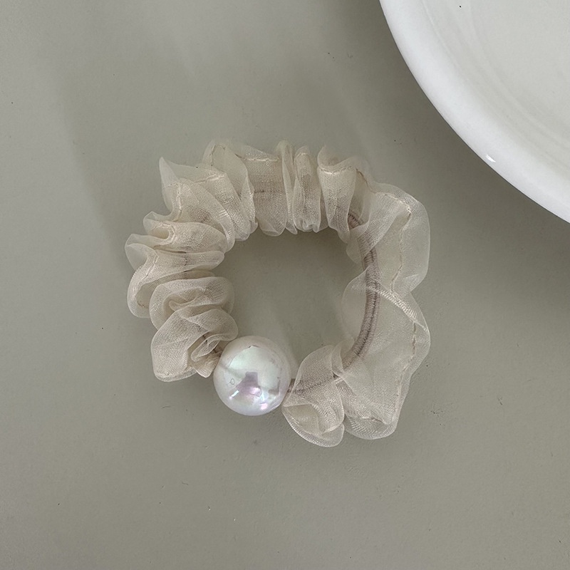 Dây Cột Tóc Lưới Co Giãn Đính Hạt Ngọc Trai Màu Đen / Be Phong Cách Hàn Quốc