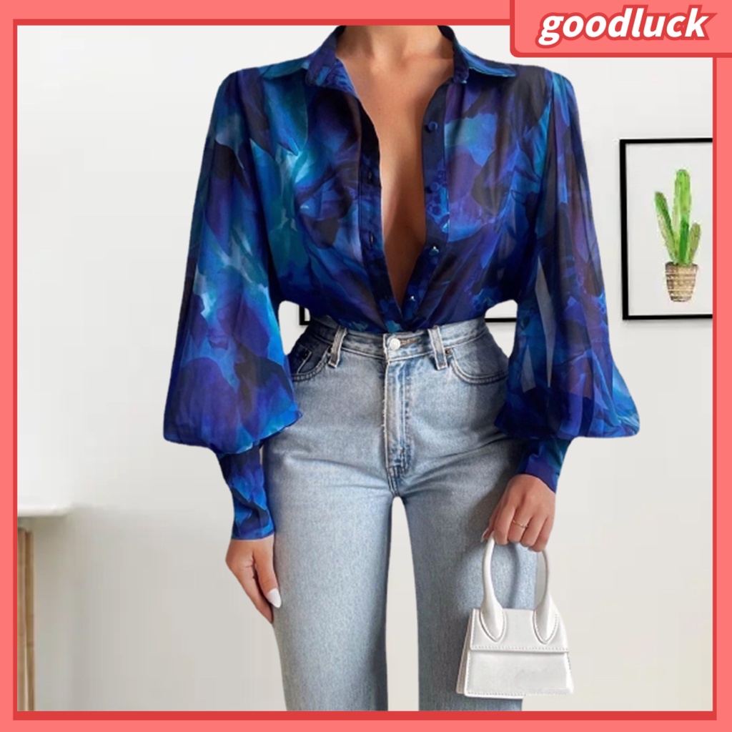 [ULK] Áo Sơ Mi Tay Phồng In Hoa Cổ Bẻ Cài Một Hàng Nút Rộng Phong Cách Vintage Cho Nữ
