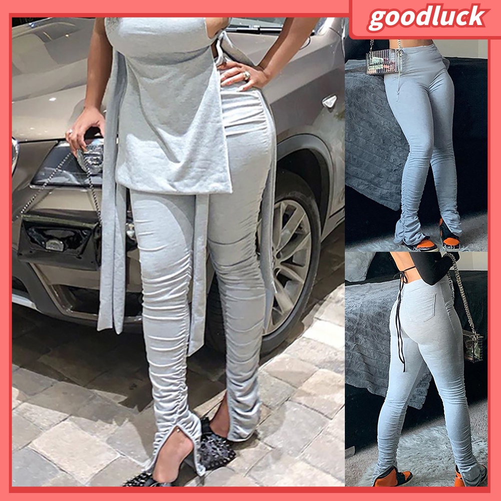 [ULK] Quần Thể Thao Dáng Ôm Lưng Cao Co Giãn Xẻ Tà Xếp Chồng Thời Trang Cho Nữ