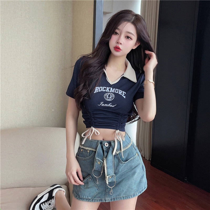 Áo Thun polo Ngắn Tay Ôm Dáng Phối Dây Rút Thời Trang Dành Cho Nữ