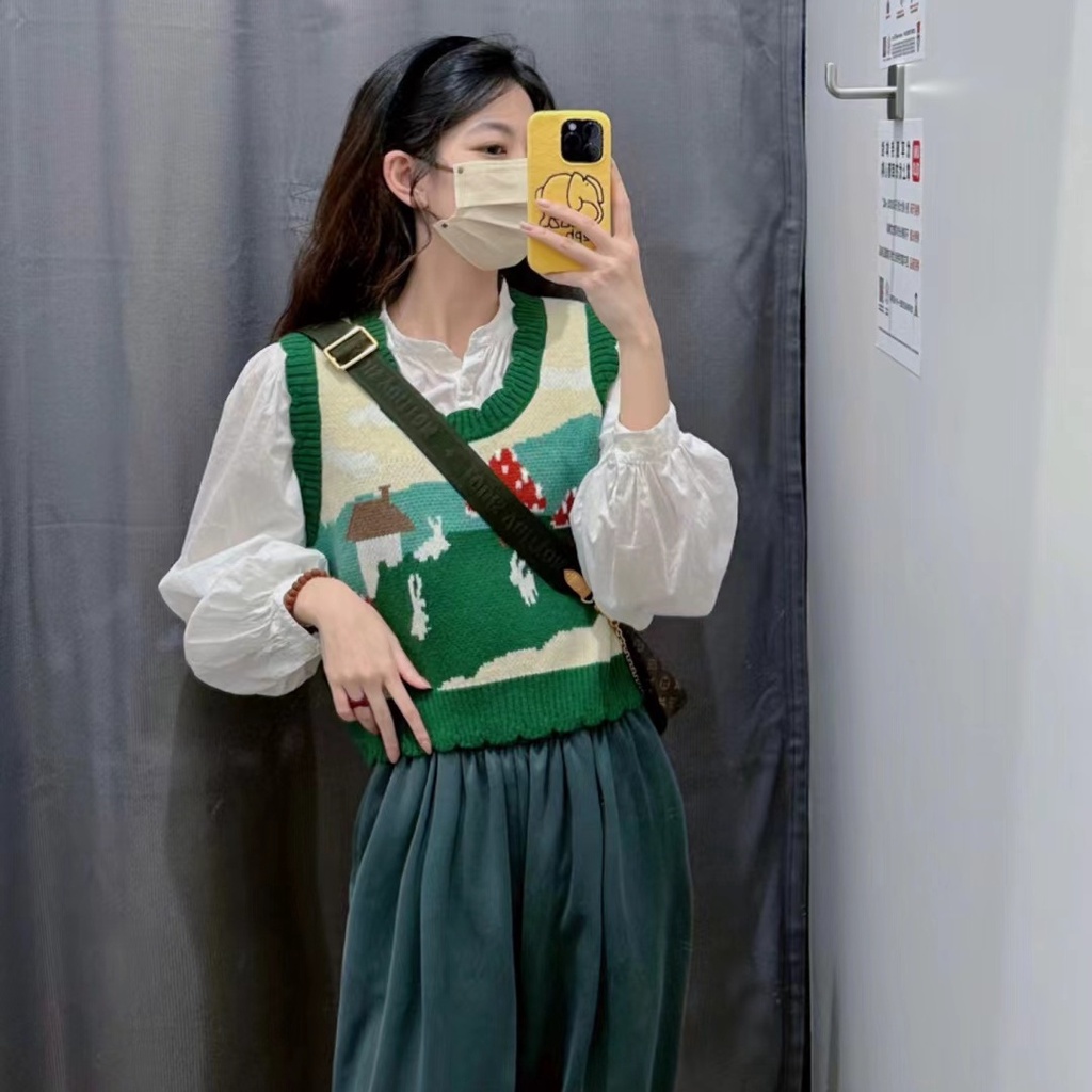 Áo Tank Top Dệt Kim Cổ Chữ V Màu Xanh Ngọt Ngào Cho Nữ