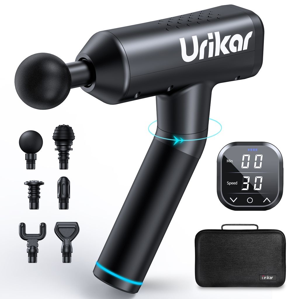 Súng massage Urikar Pro 3 thương hiệu Mỹ, 30 cấp độ mạnh mẽ Phục hồi tập luyện - Tay cầm có thể xoay, 30 tốc độ, 6 đầu