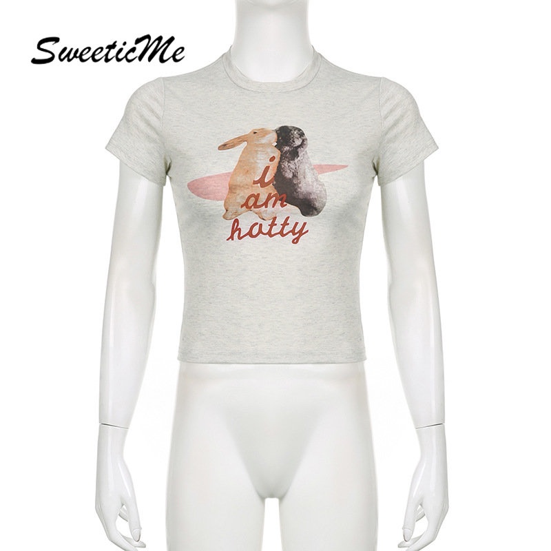 Áo Thun Tay Ngắn Cổ Tròn In Hình Thỏ Phối Màu Tương Phản Thời Trang 2023 Cho Nữ