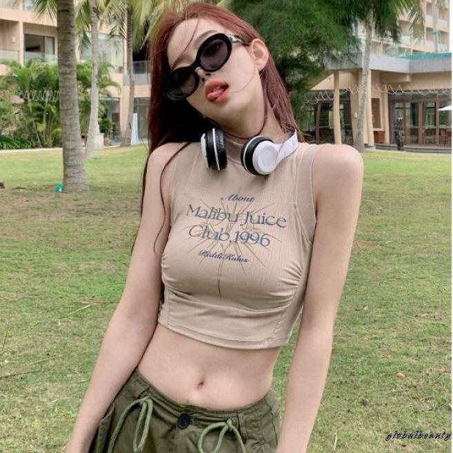 Áo Croptop Sát Nách Cổ Cao In Chữ Thời Trang Mùa Hè Cho Nữ