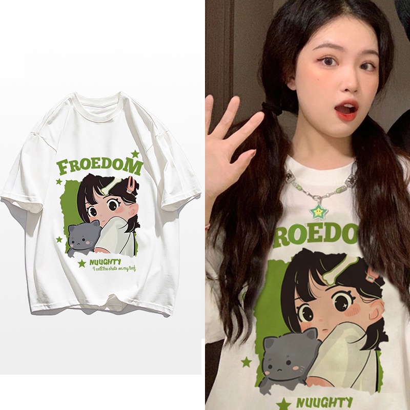 Áo Thun 100% Cotton Tay Ngắn Cổ Tròn In Họa Tiết Phong Cách Hàn Quốc Cho Nữ