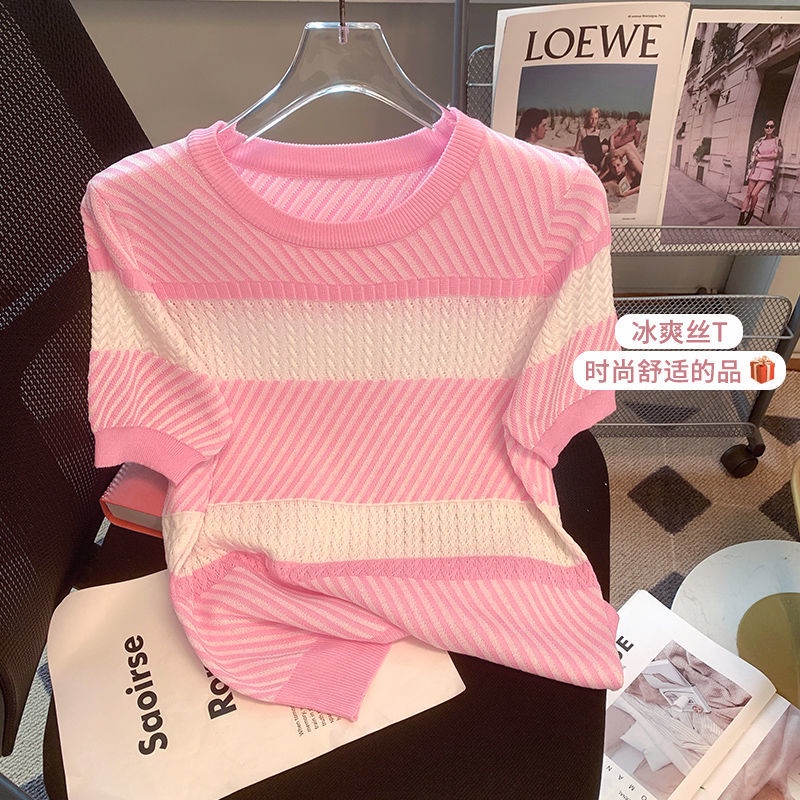 Áo Sweater Tay Ngắn Chất Lụa Lạnh Họa Tiết Kẻ Sọc Thời Trang Mùa Hè 2023 Cho Nữ
