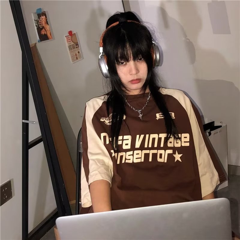 Áo Thun Tay Ngắn Cổ Tròn Dáng Rộng Phối Màu Tương Phản Thời Trang Mùa Hè Phong Cách Mỹ Cổ Điển Mới Cho Nữ