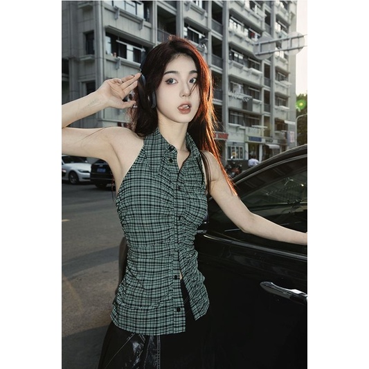 [F &amp; X] Áo Sơ Mi Không Tay Cổ Polo Ôm Dáng Họa Tiết Kẻ Sọc Phong Cách Retro Cá Tính Mùa Hè Dành Cho Nữ