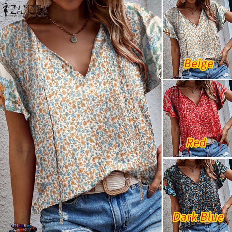 Áo kiểu nữ ZANZEA cổ V tay xếp nếp in hoa thời trang