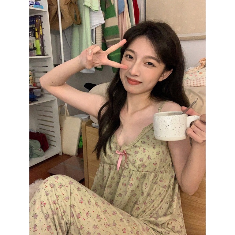 Bộ Đồ Ngủ Hai Dây Có Đệm Mút In Hoa Dễ Thương Thời Trang Mùa Hè Cho Bạn Gái