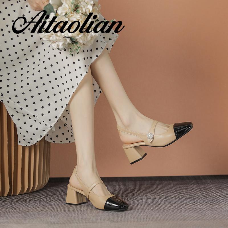 Xăng đan Cao Gót 5cm Bằng Da Thật Mũi Tròn Đế Mềm Màu Trơn Cho Nữ