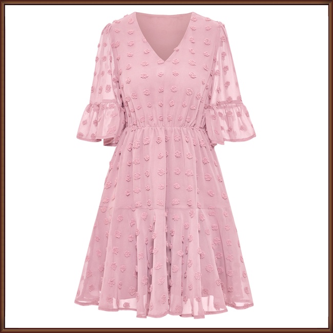 Đầm Tay Ngắn Cổ Chữ V Màu Trơn Thời Trang Mùa Hè Dễ Thương Cho Nữ