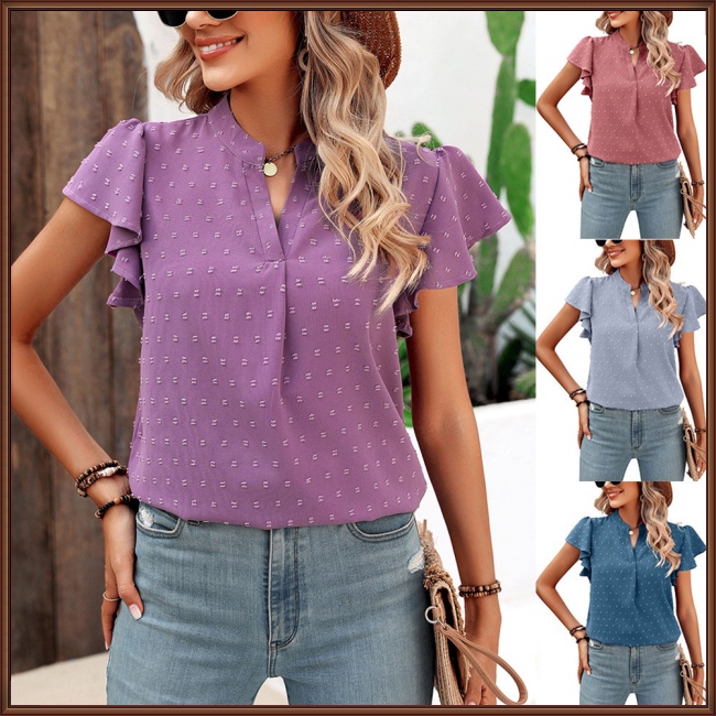 Áo Sơ Mi Chiffon Tay Ngắn Cổ Chữ V Phối Bèo Và Bóng Lông Màu Trơn Thời Trang Cho Nữ