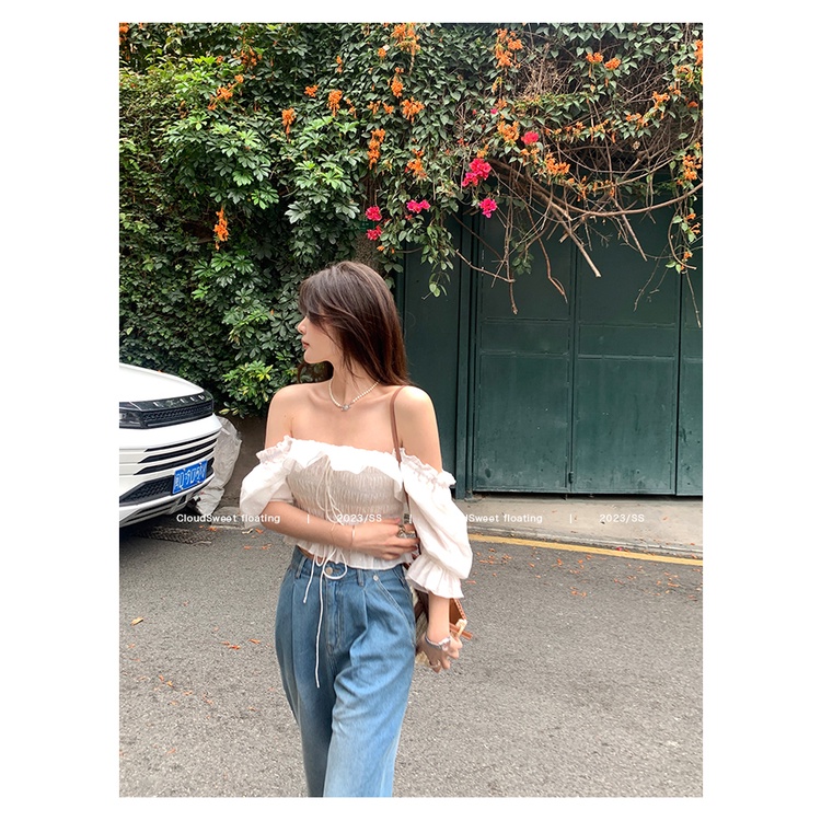 SUXI Áo Kiểu Tay Phồng Trễ Vai Màu Sắc Ngọt Ngào Thời Trang Mùa Hè