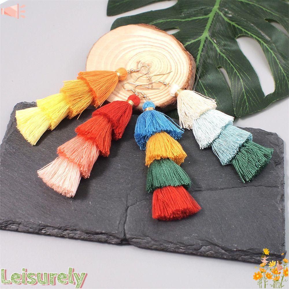 1 Đôi Bông Tai Tua Rua Dài Màu Gradient Phong Cách Boho Dân Tộc Cho Nữ