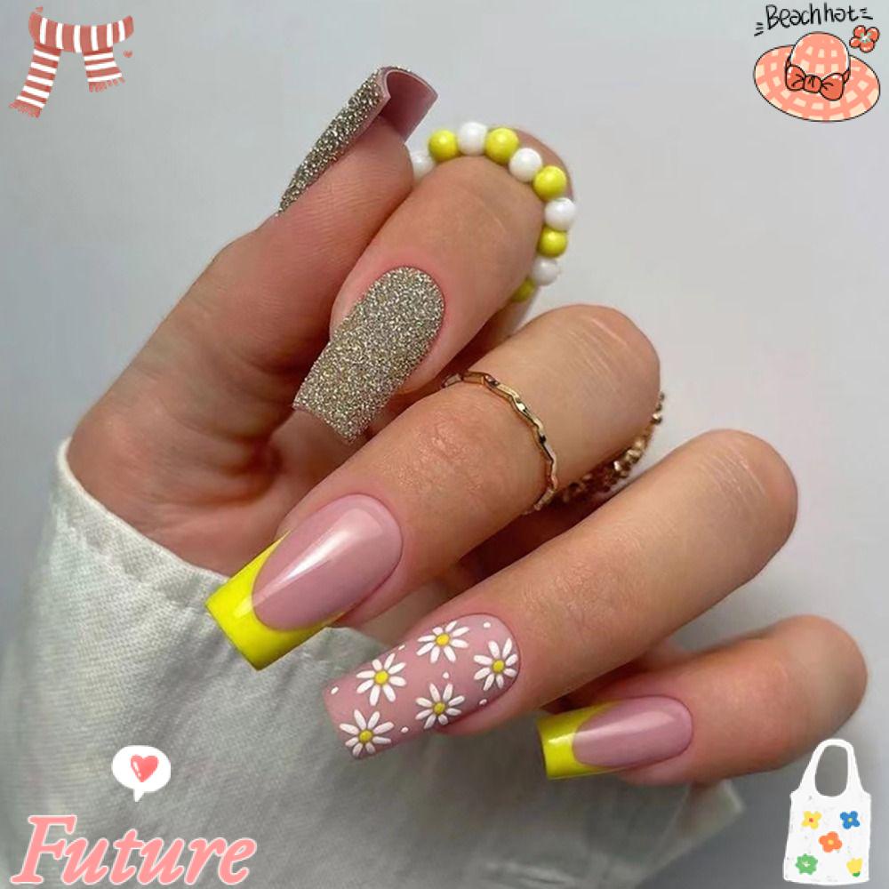 Móng Tay Giả Che Phủ Toàn Diện Tháo Rời Được Màu Vàng Kiểu Pháp