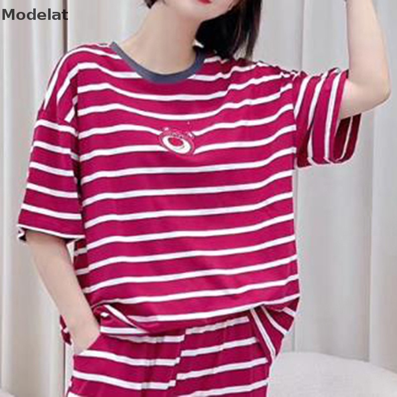 Bộ Đồ Ngủ Pijama Tay Ngắn In Họa Tiết Kẻ Sọc Dễ Thương Thời Trang Mùa Hè Cho Nữ