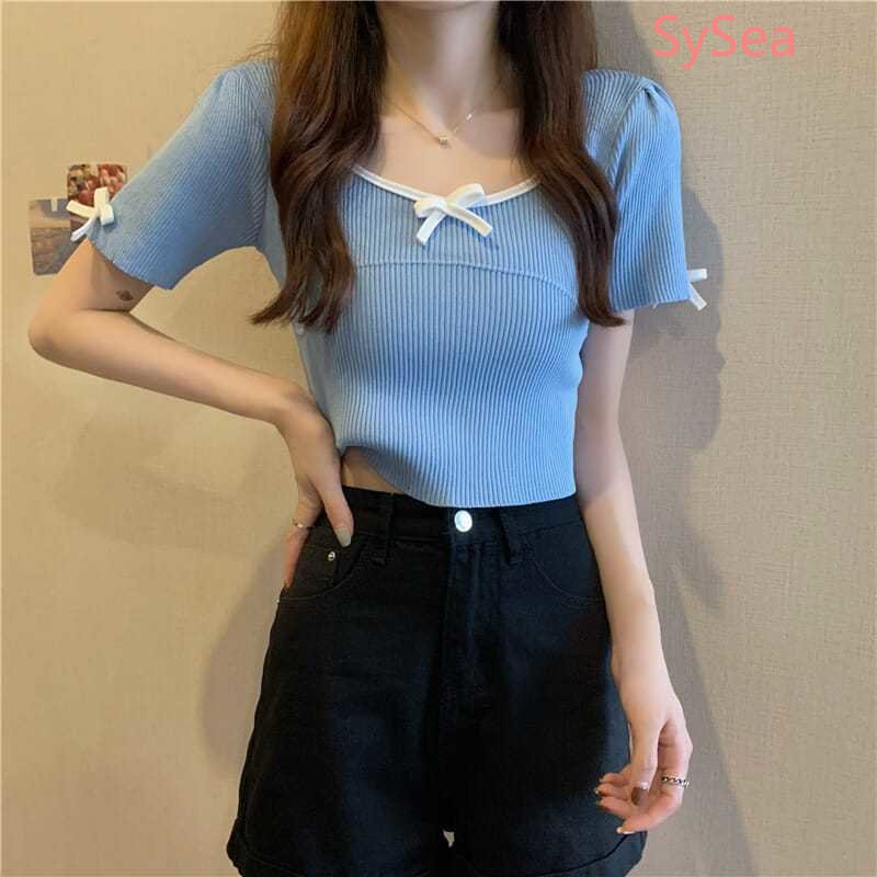 Áo Dệt Kim Ngắn Tay Phối Nơ Xinh Xắn Theo Phong Cách Hàn Quốc Dành Cho Nữ