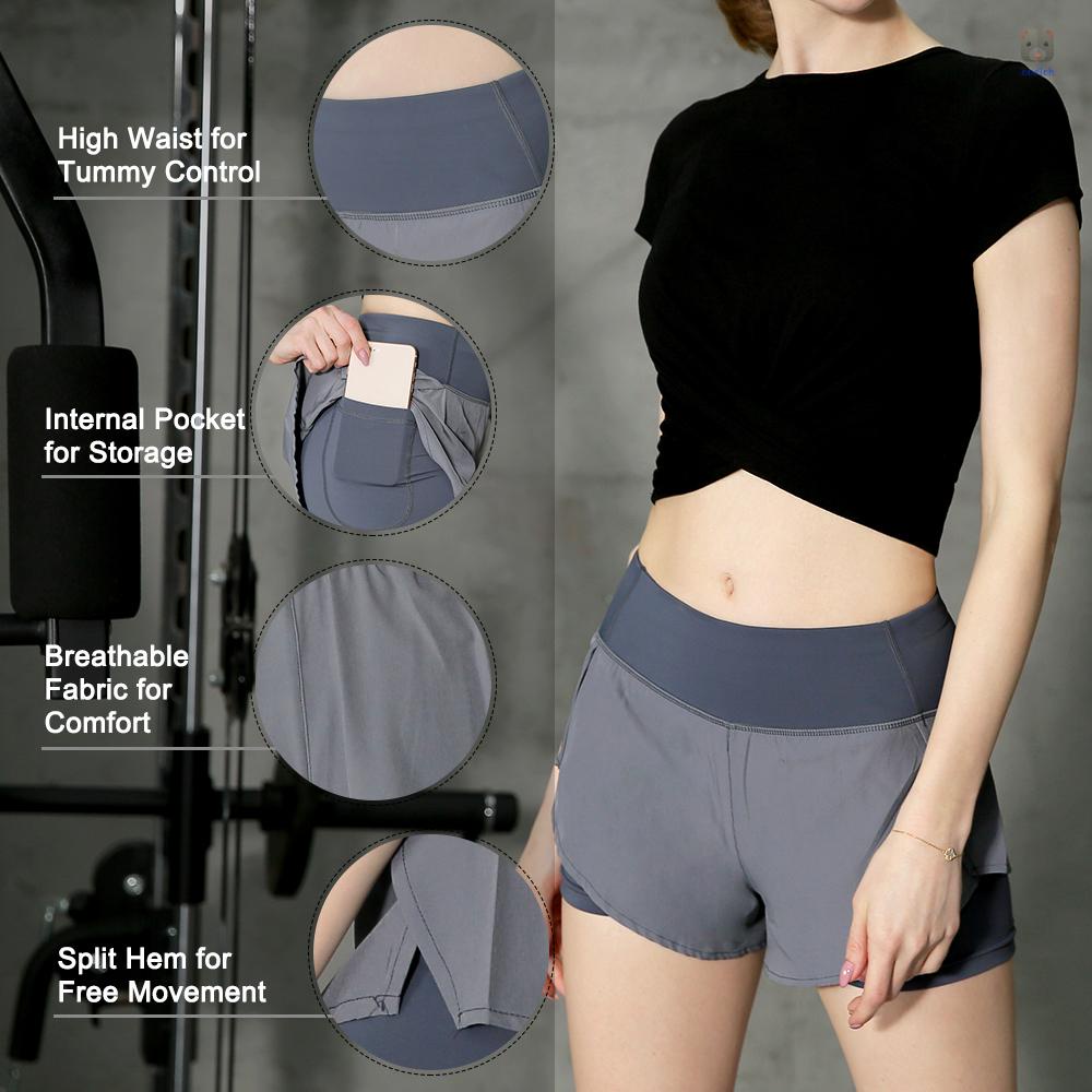 Quần Short TậP Thể Thao 2 Trong 1 Lưng Cao Có TúI