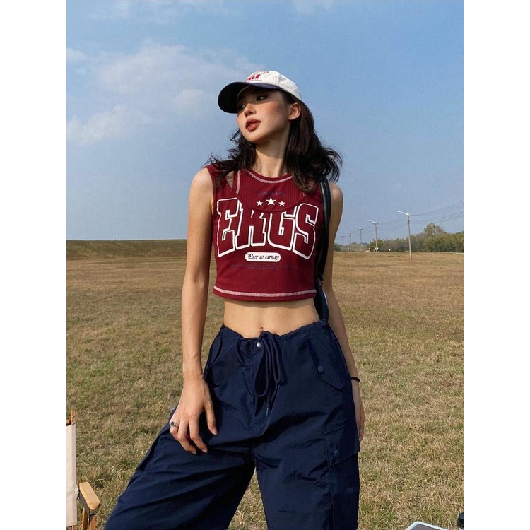 Áo Hai Dây In Họa Tiết Phong Cách Retro Mỹ Cho Nữ