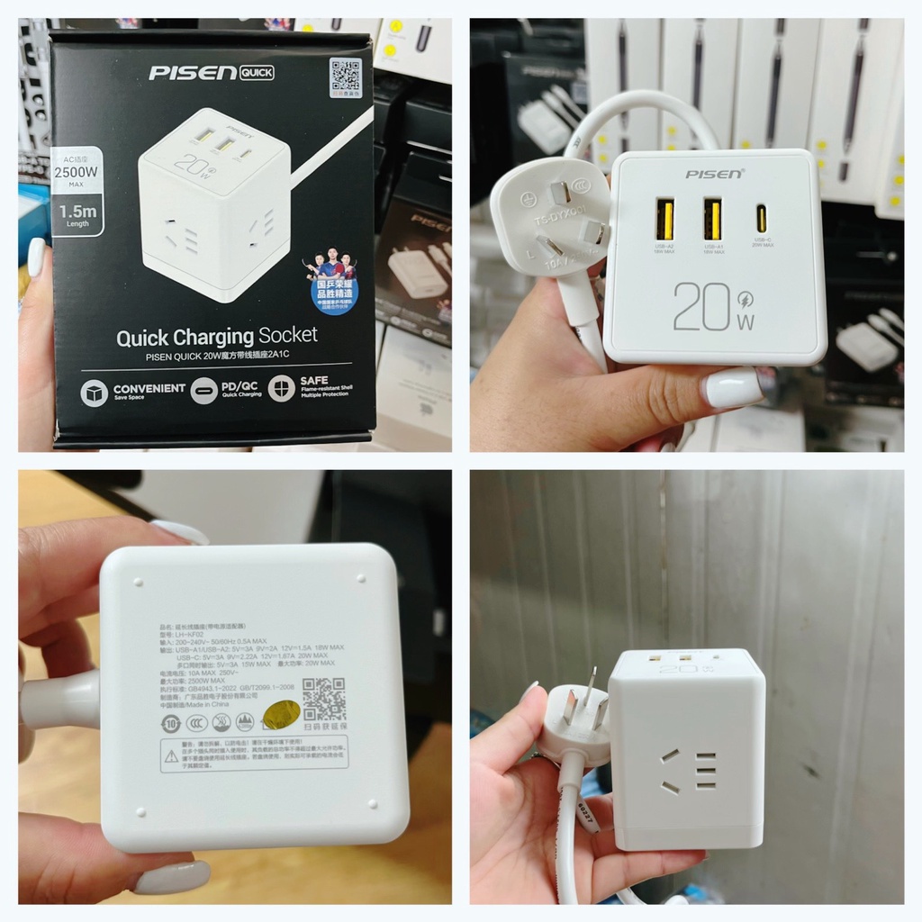 Ổ cắm điện thông minh ĐA NĂNG PISEN KF02 2500W 2 CỔNG USB A QC3.0 1 CỔNG USB C 20W 3 cổng AC