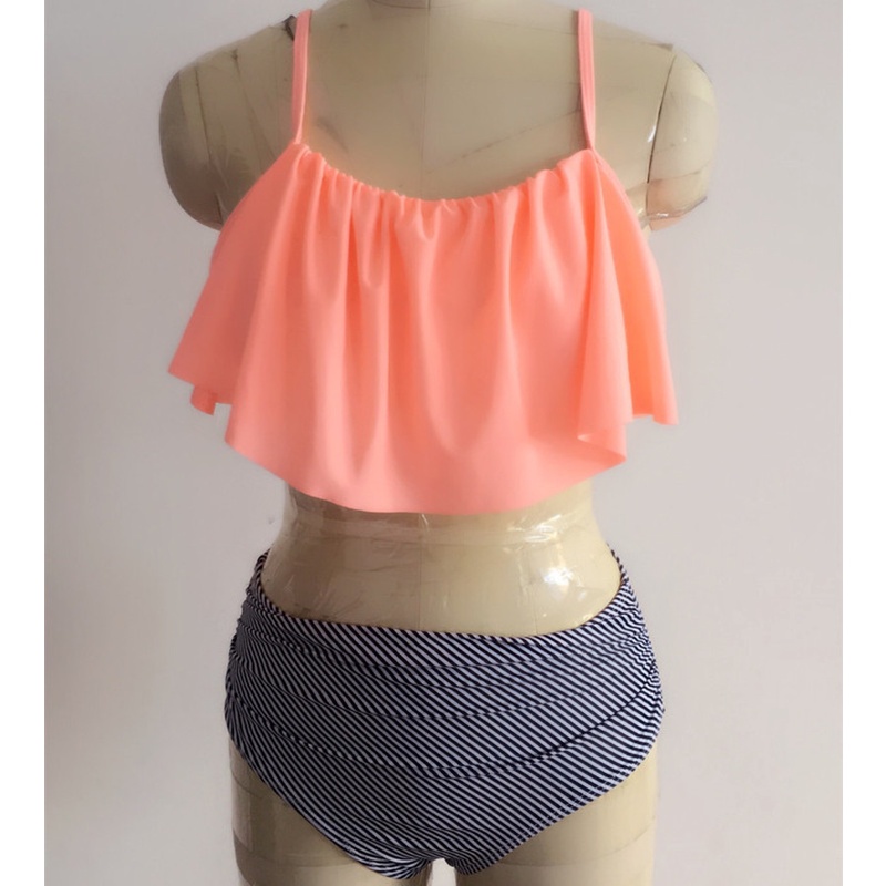 Bộ Đồ Bơi Lưng Cao Viền Bèo Họa Tiết Kẻ Sọc Phong Cách Âu Mỹ Hàng Mới 2023