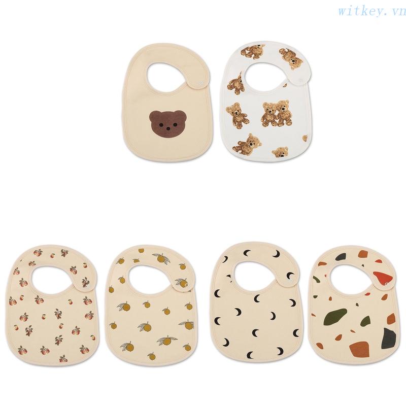 Bộ 2 Yếm Ăn Cotton Mềm Mại Chống Thấm Nước Có Nút Nhấn In Họa Tiết Hoạt Hình Cho Bé
