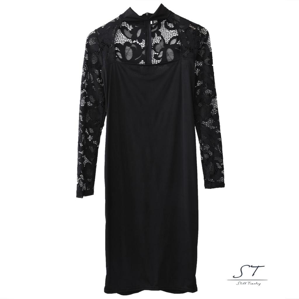 Đầm CY03-Đầm Ôm Ngực Tay Dài Cổ Lọ Phối Ren Rỗng Có Khóa Kéo Sau Lưng Trang Trọng Dành Cho Nữ Dự Tiệc Đêm Câu Lạc Bộ Đêm