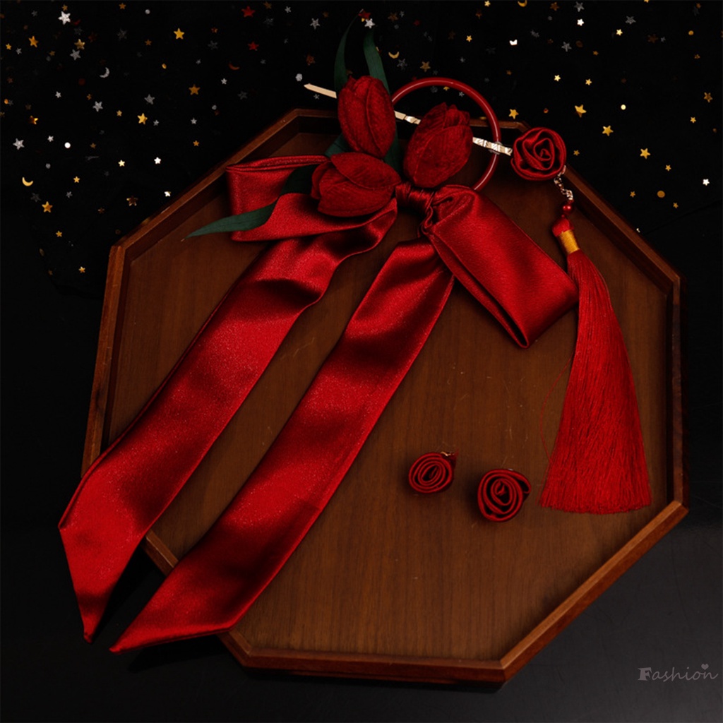 Bộ Bông Tai Cài Tóc Trung Hoa Đính Nơ Bằng Kim Loại Thanh Lịch Cho Cô Dâu