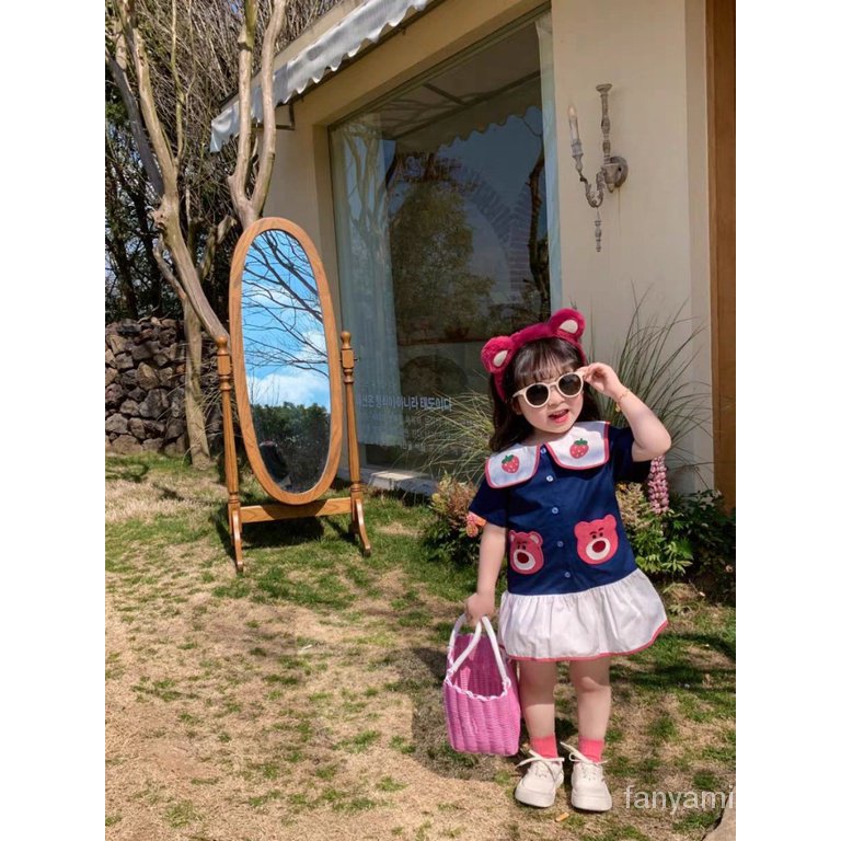 Đầm Tay Ngắn Chất Liệu Cotton Thời Trang Mùa Hè 2023 4AWD Họa Tiết Chú Gấu / Dâu Tây Dễ Thương Cho Bé