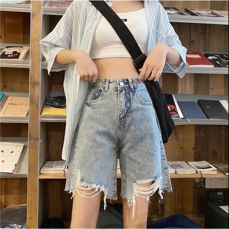 Quần Short Jean Rách Ống Rộng Lưng Cao Thời Trang Mùa Hè Hàn Quốc 2023