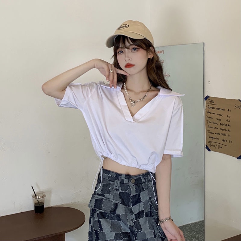 IELGY    Áo Thun crop top Tay Ngắn Cổ polo Eo Cao Thời Trang Dành Cho Nữ