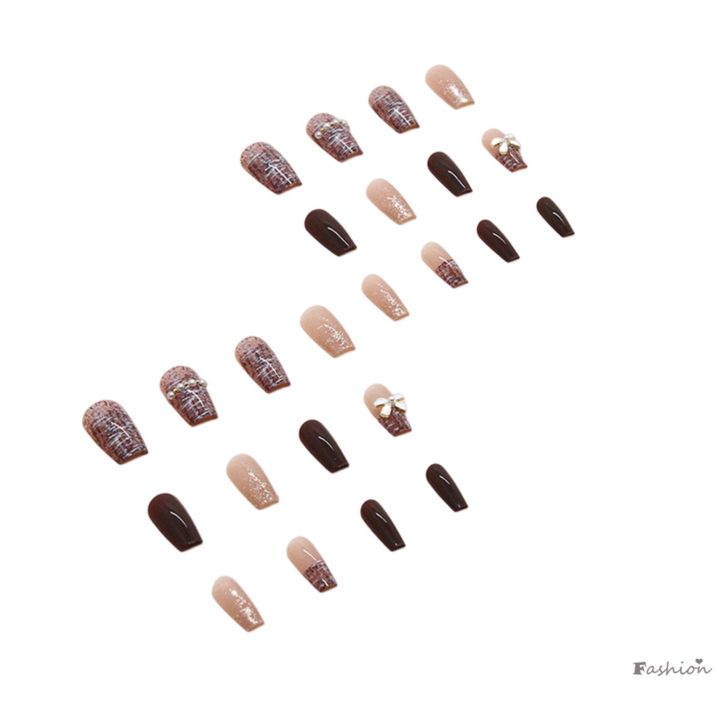 Móng Tay Giả Màu Cà Phê / Thắt Nơ Đính Ngọc Trai Lâu Trôi Chống Thấm Nước An