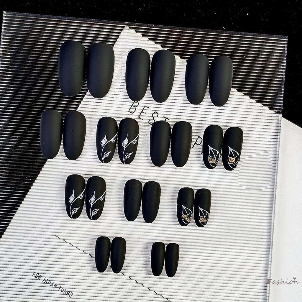 Bộ Móng Tay Giả Màu Đen Họa Tiết Lá Dễ Sử Dụng Tiết Kiệm Thời Gian &amp; Năng Lượng