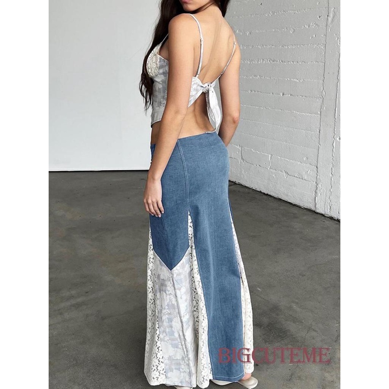 Áo Denim Hai Dây Phối Ren Phong Cách Đường Phố Thời Trang Mùa Hè Cho Nữ