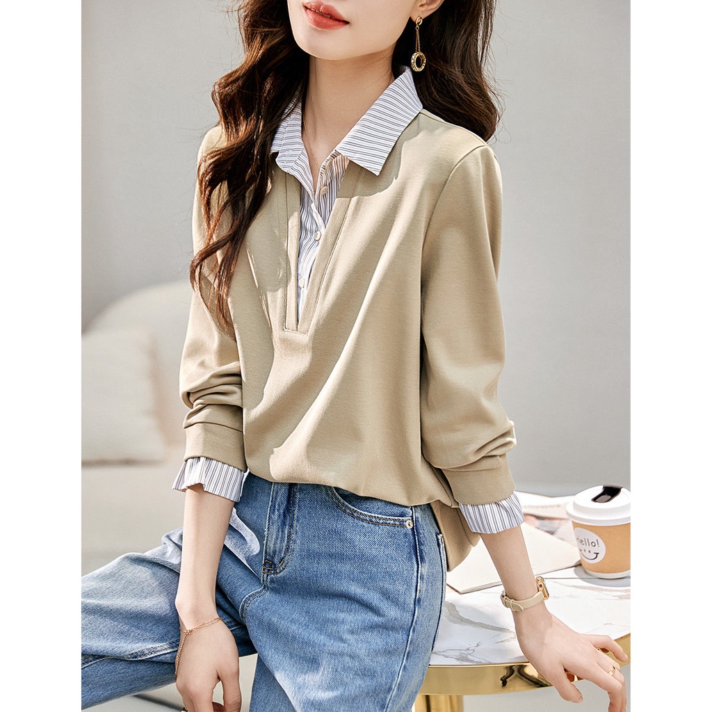Áo Sweater Kẻ Sọc Giả Hai Lớp Phối Màu Tương Phản Cá Tính Cho Nữ