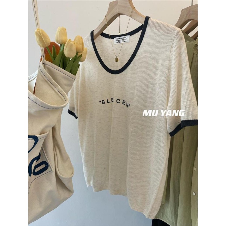 Áo Thun Lụa Lạnh Mỏng Tay Ngắn Thoáng Khí In Chữ Mới Mùa Hè Cho Nữ