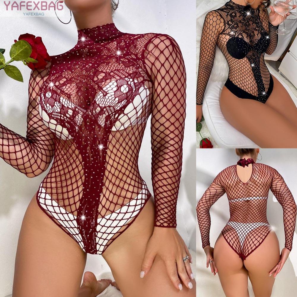 Women Fishnet Lingerie Sexy Shiny Rhinestone Bodysuit Nightwear Hollow Sleepwear