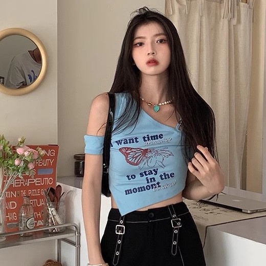 Áo Thun Ngắn Tay Trễ Vai In Họa Tiết Xinh Xắn Dành Cho Nữ