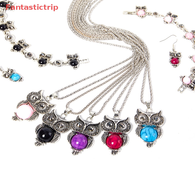 Bộ Trang Sức Vòng cổ / Vòng Tay / Bông Tai Hình Chim Cú Đính Đá Ngọc Lam Phong Cách Vintage Cho Nữ Mới