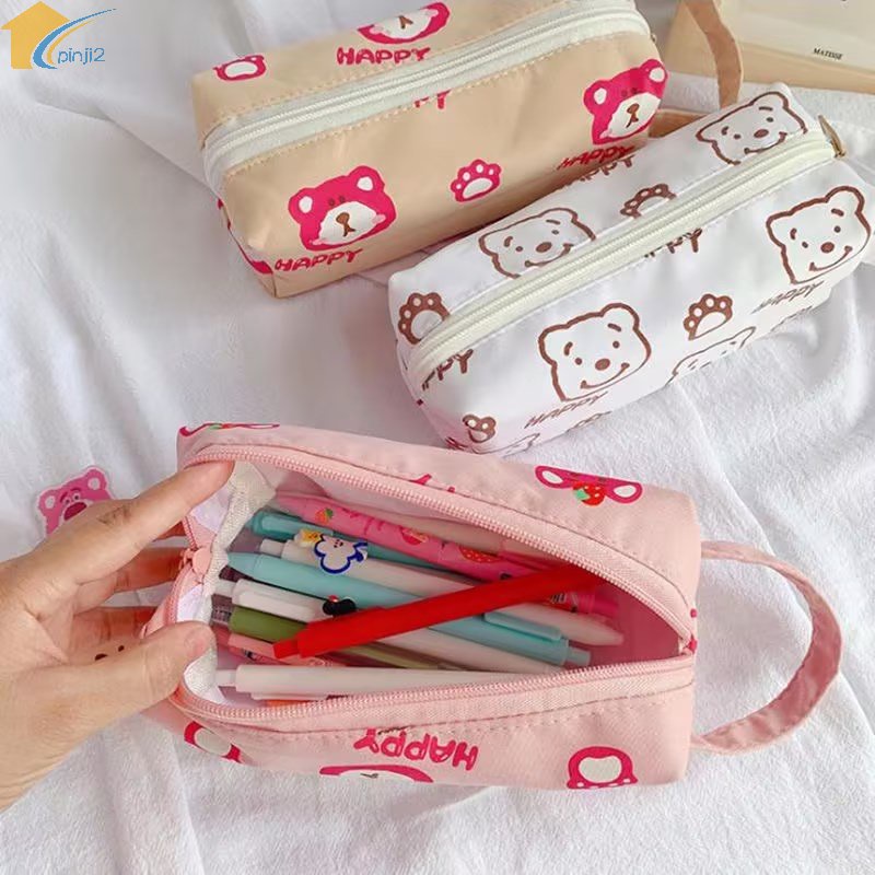 Túi Đựng Bút Bằng Vải Canvas Cỡ Lớn Thiết Kế Hình Gấu Dâu Tây Xinh Xắn