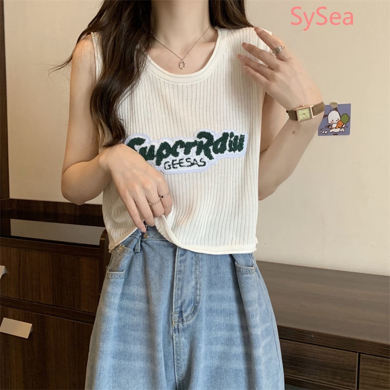 Áo Dệt Kim Sát Nách Dáng Rộng In Chữ Kiểu Retro Mỹ Xinh Xắn Cho Nữ