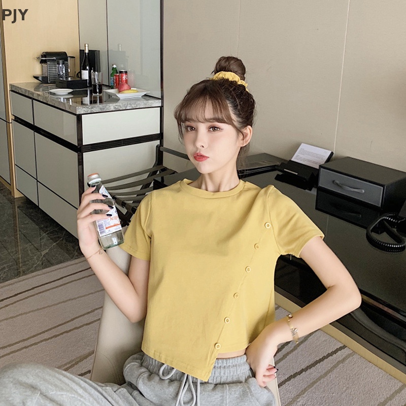 Áo Thun Crop Top Tay Ngắn Màu Trơn Cài Nút Thời Trang Mùa Hè Xinh Xắn Cho Nữ